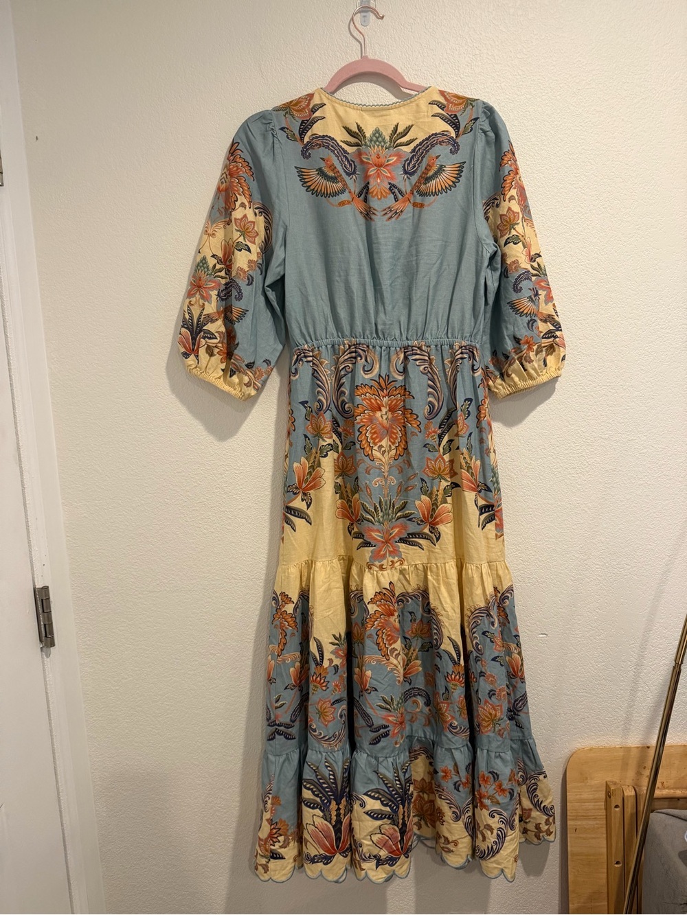 NWT Farm Rio Floral Bird Print Maxi Dress Blue Yellow Size S - Picture 2 of 7